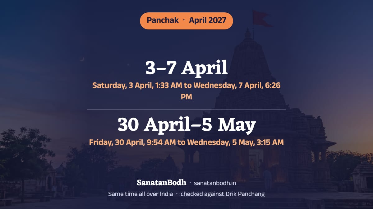 April 2027 has two panchaks: the first from Saturday, 3 April, 1:33 AM to Wednesday, 7 April, 6:26 PM, and the second from Friday, 30 April, 9:54 AM to Wednesday, 5 May, 3:15 AM (begins this month, ends in May 2027).