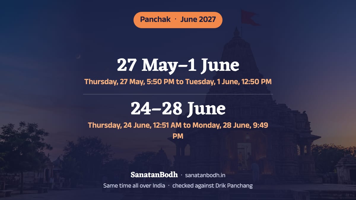 June 2027 has two panchaks: the first from Thursday, 27 May, 5:50 PM to Tuesday, 1 June, 12:50 PM (begins in May 2027, ends this month), and the second from Thursday, 24 June, 12:51 AM to Monday, 28 June, 9:49 PM.