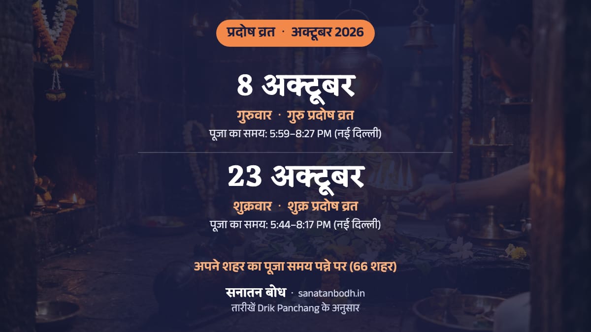 अक्टूबर 2026 में गुरु प्रदोष व्रत: गुरुवार, 8 अक्टूबर; शुक्र प्रदोष व्रत: शुक्रवार, 23 अक्टूबर।