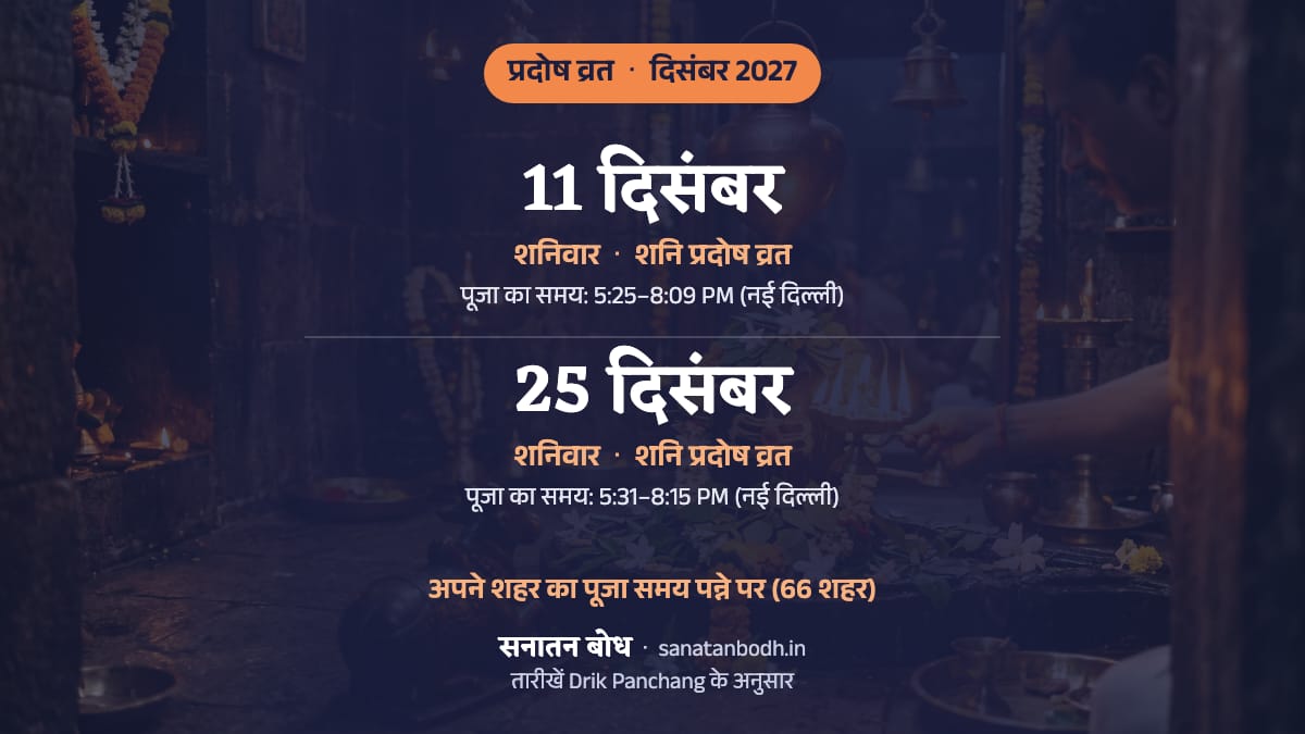 दिसंबर 2027 में शनि प्रदोष व्रत: शनिवार, 11 दिसंबर; शनि प्रदोष व्रत: शनिवार, 25 दिसंबर।