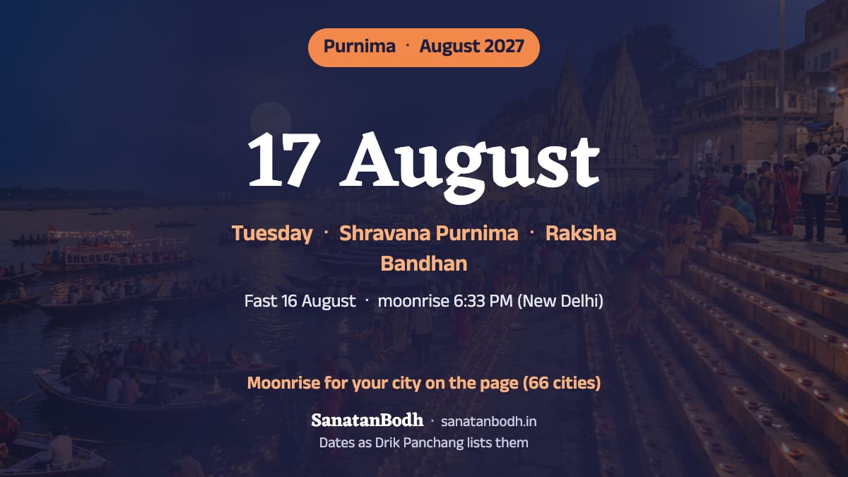 August 2027: Shravana Purnima on Tuesday, 17 August (Raksha Bandhan the same day); the fast on Monday, 16 August.