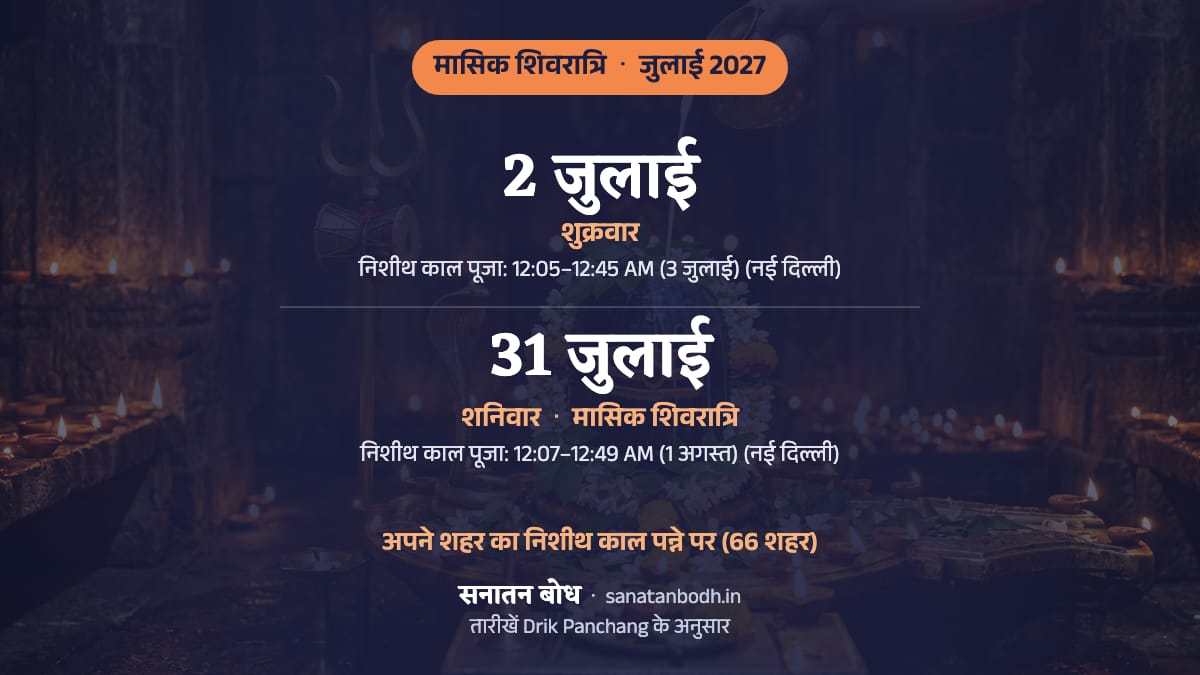 जुलाई 2027 में मासिक शिवरात्रि: शुक्रवार, 2 जुलाई; सावन शिवरात्रि: शनिवार, 31 जुलाई (मासिक शिवरात्रि)।