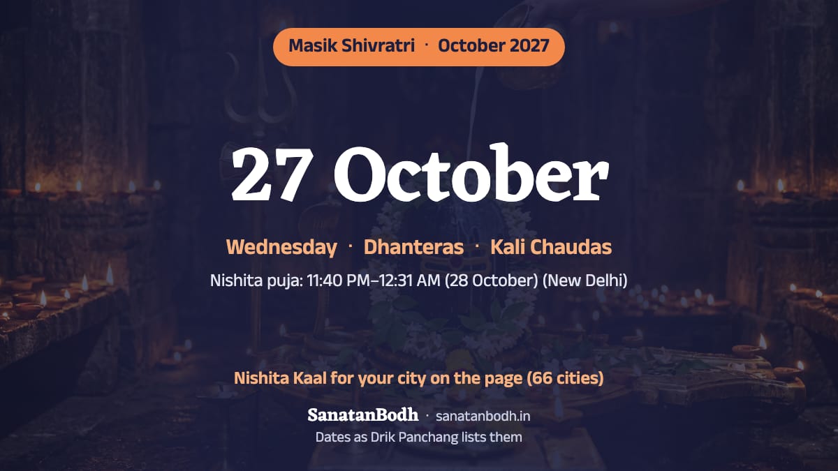 October 2027: Masik Shivratri on Wednesday, 27 October (Dhanteras the same day, Kali Chaudas the same day).