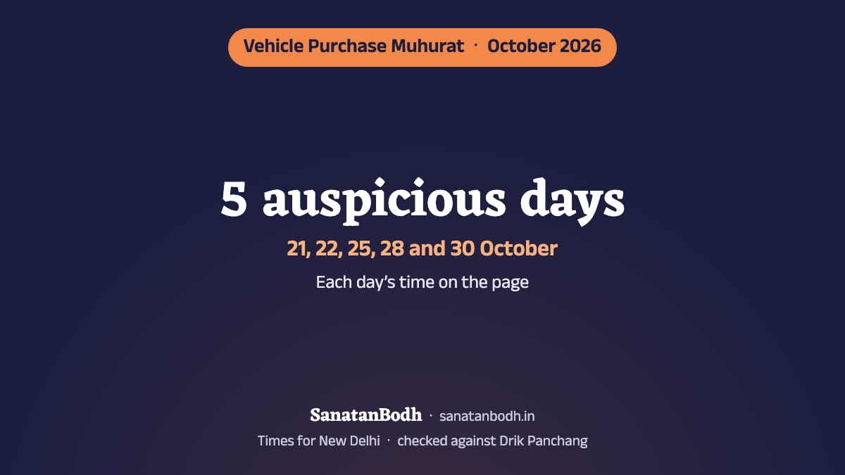 October 2026 has 5 auspicious days for buying a vehicle (New Delhi): 21 October (Wednesday), 22 October (Thursday), 25 October (Sunday), 28 October (Wednesday) and 30 October (Friday). The time, nakshatra and tithi of each are below.