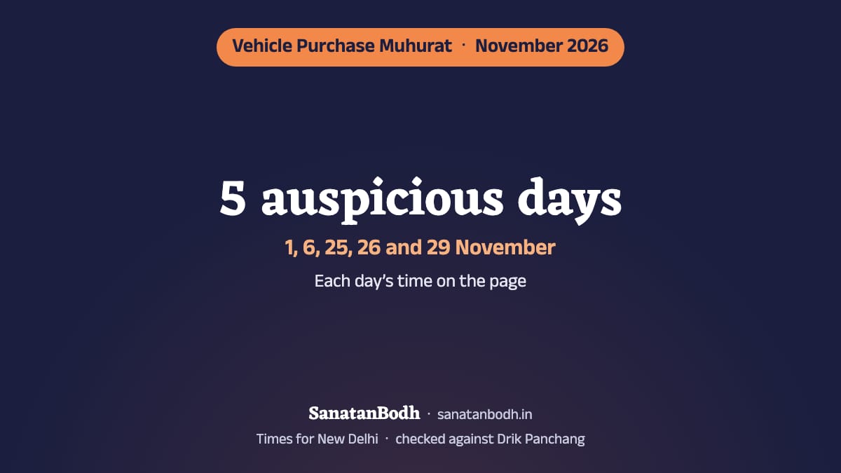 November 2026 has 5 auspicious days for buying a vehicle (New Delhi): 1 November (Sunday), 6 November (Friday), 25 November (Wednesday), 26 November (Thursday) and 29 November (Sunday). The time, nakshatra and tithi of each are below.
