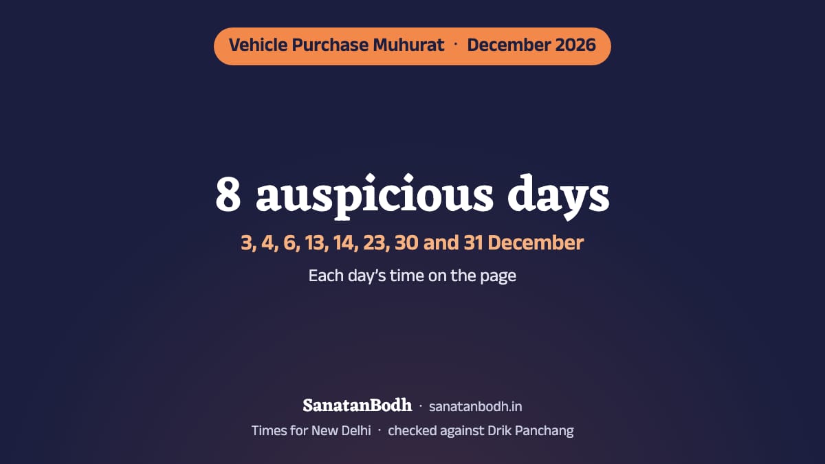 December 2026 has 8 auspicious days for buying a vehicle (New Delhi): 3 December (Thursday), 4 December (Friday), 6 December (Sunday), 13 December (Sunday), 14 December (Monday), 23 December (Wednesday), 30 December (Wednesday) and 31 December (Thursday). The time, nakshatra and tithi of each are below.