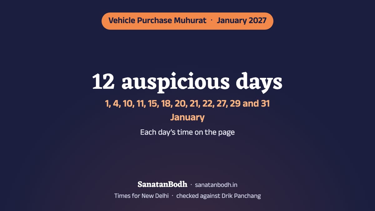 January 2027 has 12 auspicious days for buying a vehicle (New Delhi): 1 January (Friday), 4 January (Monday), 10 January (Sunday), 11 January (Monday), 15 January (Friday), 18 January (Monday), 20 January (Wednesday), 21 January (Thursday), 22 January (Friday), 27 January (Wednesday), 29 January (Friday) and 31 January (Sunday). The time, nakshatra and tithi of each are below.