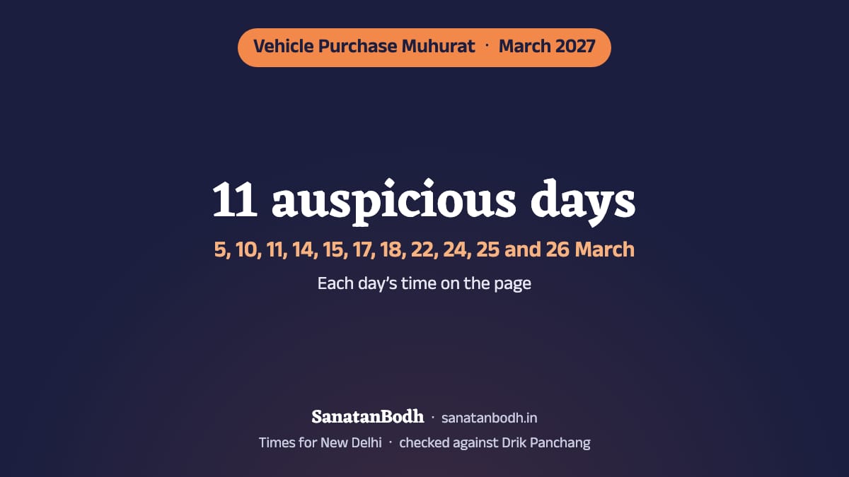 March 2027 has 11 auspicious days for buying a vehicle (New Delhi): 5 March (Friday), 10 March (Wednesday), 11 March (Thursday), 14 March (Sunday), 15 March (Monday), 17 March (Wednesday), 18 March (Thursday), 22 March (Monday), 24 March (Wednesday), 25 March (Thursday) and 26 March (Friday). The time, nakshatra and tithi of each are below.
