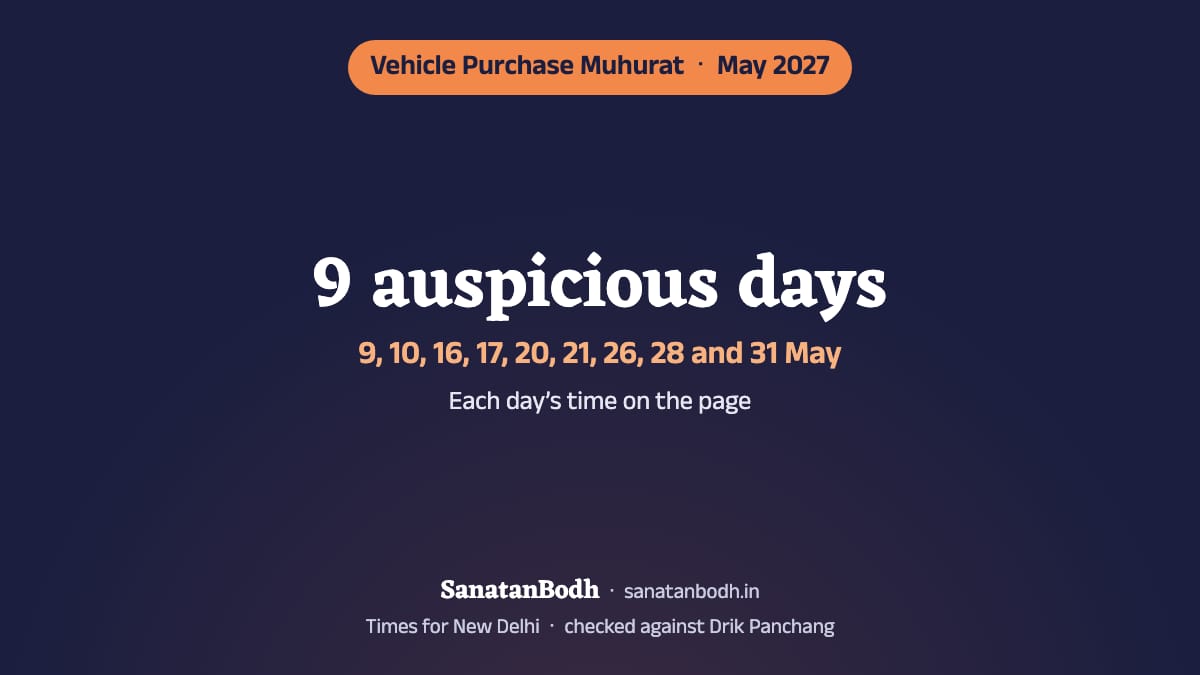 May 2027 has 9 auspicious days for buying a vehicle (New Delhi): 9 May (Sunday), 10 May (Monday), 16 May (Sunday), 17 May (Monday), 20 May (Thursday), 21 May (Friday), 26 May (Wednesday), 28 May (Friday) and 31 May (Monday). The time, nakshatra and tithi of each are below.