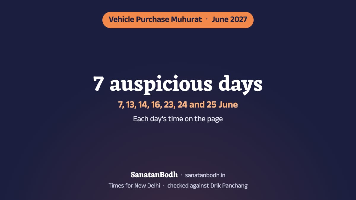 June 2027 has 7 auspicious days for buying a vehicle (New Delhi): 7 June (Monday), 13 June (Sunday), 14 June (Monday), 16 June (Wednesday), 23 June (Wednesday), 24 June (Thursday) and 25 June (Friday). The time, nakshatra and tithi of each are below.
