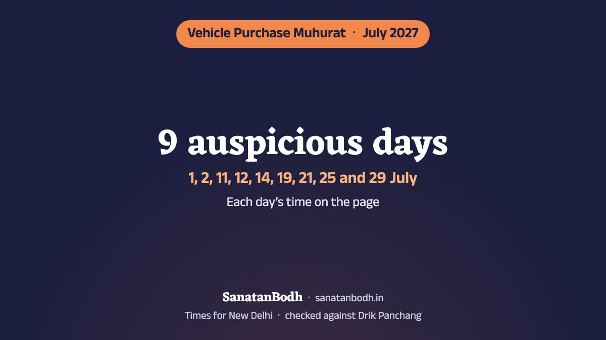 July 2027 has 9 auspicious days for buying a vehicle (New Delhi): 1 July (Thursday), 2 July (Friday), 11 July (Sunday), 12 July (Monday), 14 July (Wednesday), 19 July (Monday), 21 July (Wednesday), 25 July (Sunday) and 29 July (Thursday). The time, nakshatra and tithi of each are below.