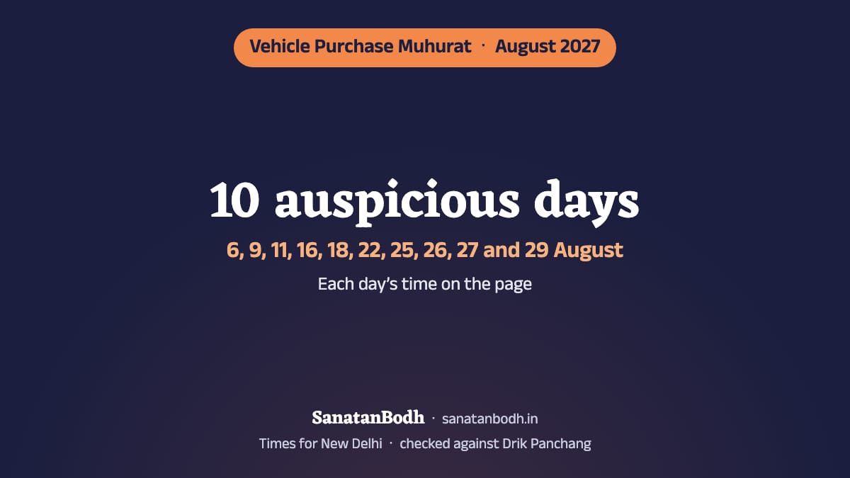 August 2027 has 10 auspicious days for buying a vehicle (New Delhi): 6 August (Friday), 9 August (Monday), 11 August (Wednesday), 16 August (Monday), 18 August (Wednesday), 22 August (Sunday), 25 August (Wednesday), 26 August (Thursday), 27 August (Friday) and 29 August (Sunday). The time, nakshatra and tithi of each are below.