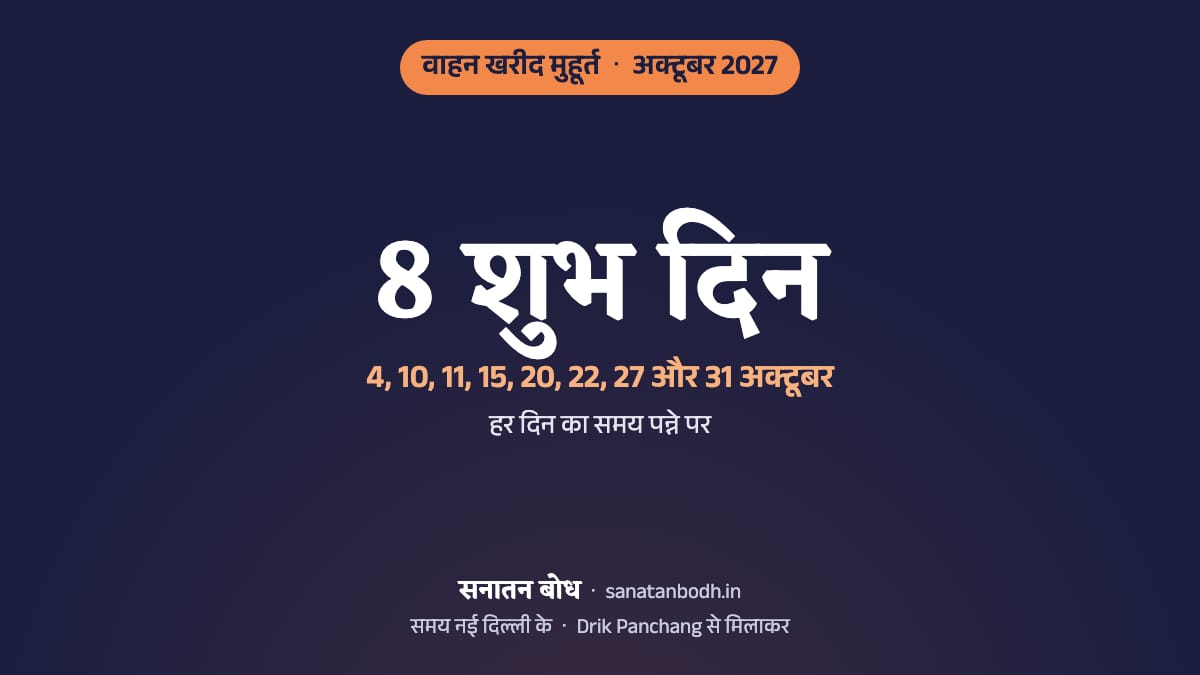 अक्टूबर 2027 में वाहन खरीद के 8 शुभ दिन (गाड़ी लेने का शुभ मुहूर्त, नई दिल्ली): 4 अक्टूबर (सोमवार), 10 अक्टूबर (रविवार), 11 अक्टूबर (सोमवार), 15 अक्टूबर (शुक्रवार), 20 अक्टूबर (बुधवार), 22 अक्टूबर (शुक्रवार), 27 अक्टूबर (बुधवार) और 31 अक्टूबर (रविवार)। हर दिन का समय, नक्षत्र और तिथि नीचे।