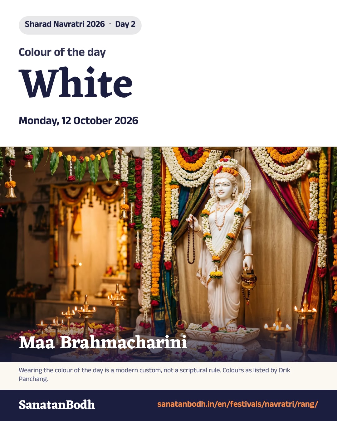 Navratri 2026, Monday, 12 October 2026: colour White, Maa Brahmacharini