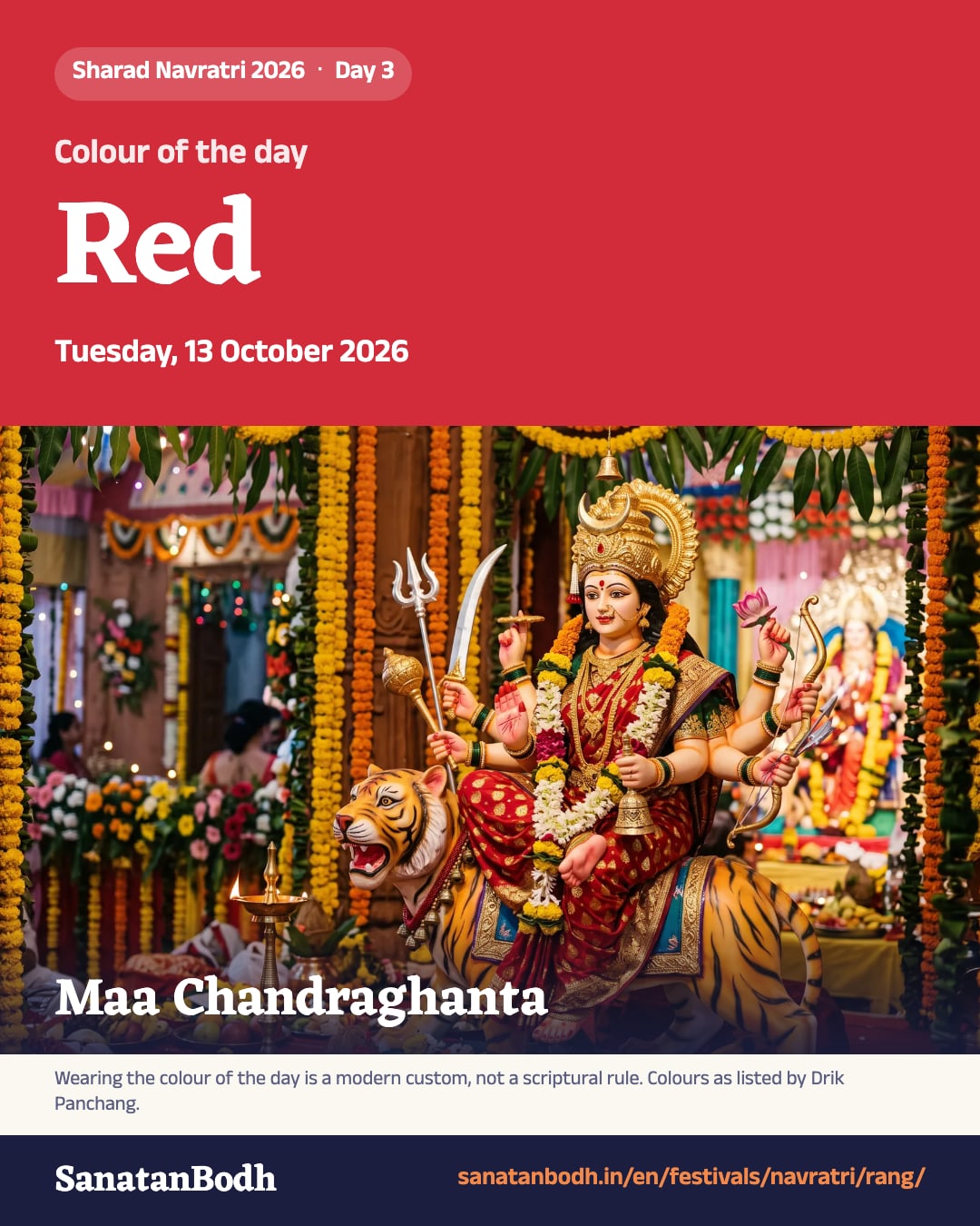 Navratri 2026, Tuesday, 13 October 2026: colour Red, Maa Chandraghanta