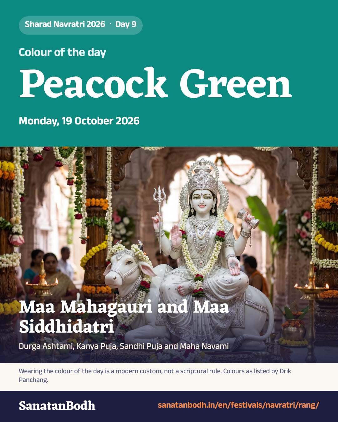 Navratri 2026, Monday, 19 October 2026: colour Peacock Green, Maa Mahagauri